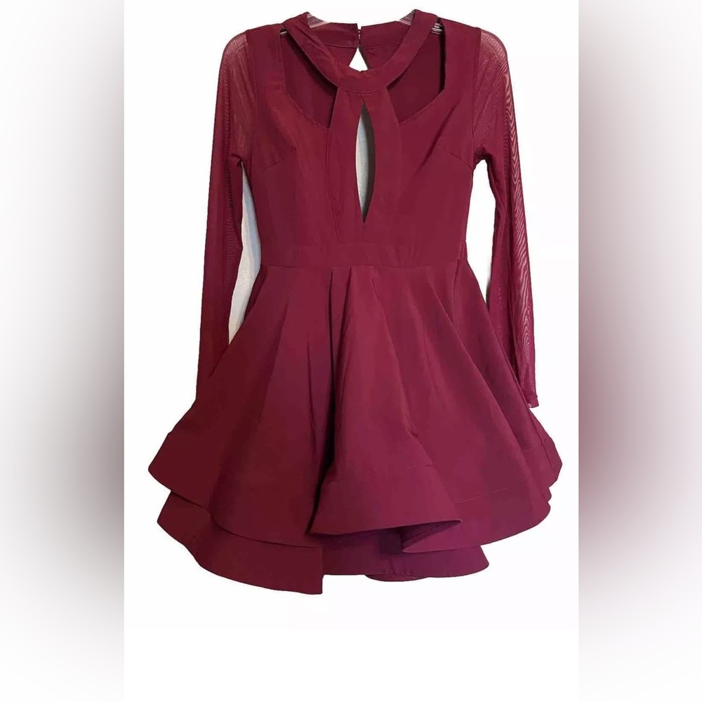 LUXXEL M Peekaboo Mini Cocktail Dress Sheer Net Sleeves Wine